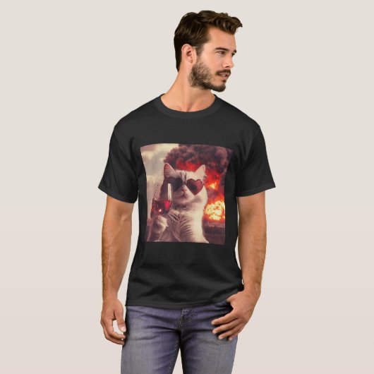 Wacky Cat Holding Wine Selfi With Fire Funny Sungl T-Shirt (Vorne ganz)