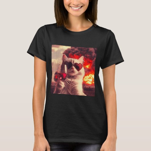 Wacky Cat Holding Wine Selfi With Fire Funny Sungl T-Shirt (Vorderseite)