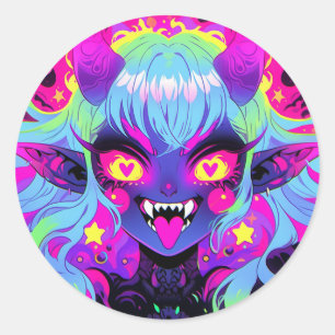 Wacky Demon Elf Anime Girl Tongue Out Runder Aufkleber