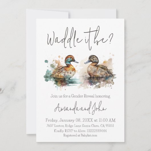Waddle It is jagunting Mallard Duck Gender Reveal Einladung (Vorderseite)
