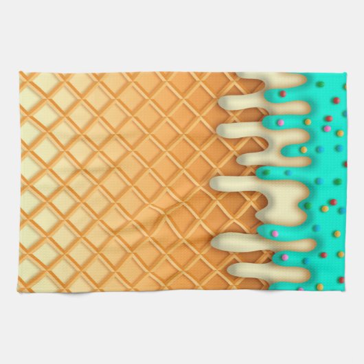 Waffelkone mit Sprinklen aus Eis, Tropfen Geschirrtuch (Horizontal)