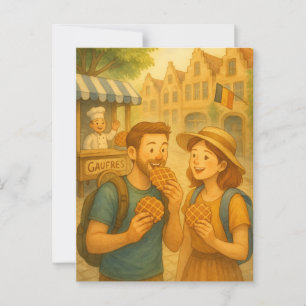 Waffelmoment in Belgien - Illustrierte Reisepost Postkarte