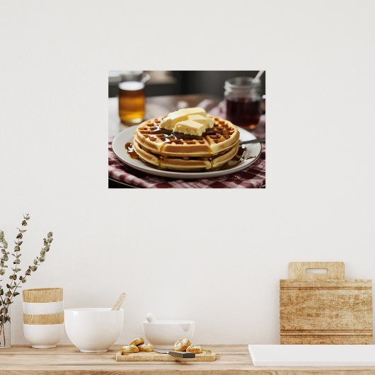 Waffeln auf Platte mit Sirup und Knopfdruck Poster (Küche)