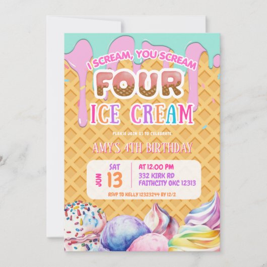 Waffeluntergrund Tropfende rosa Eiscreme Geburtsta Einladung (Vorderseite)