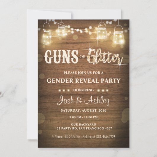 Waffen oder Glitzer Gender Reveve Invitation Rusti Einladung (Vorderseite)