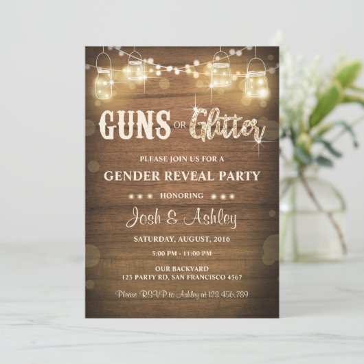 Waffen oder Glitzer Gender Reveve Invitation Rusti Einladung (Stehend Vorderseite)