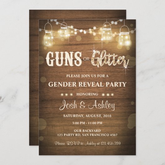 Waffen oder Glitzer Gender Reveve Invitation Rusti Einladung (Vorne/Hinten)