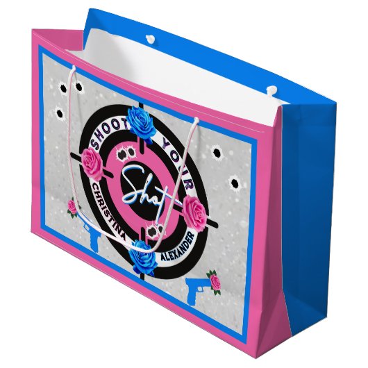 Waffen oder Rose rosa und blau | Geschlechtsankünd Große Geschenktüte (Vorderseite Schrägansicht)