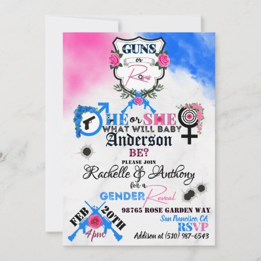 Waffen oder Rose Rosa und Blaues Geschlecht Einladung (Vorderseite)