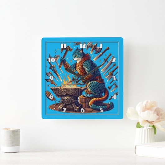 Waffentechnik in einem fantasievollen Schmied Quadratische Wanduhr (Zuhause)