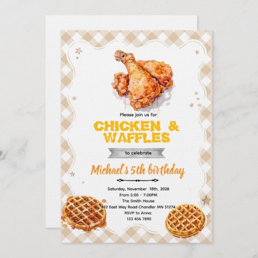 Waffles and chicken party Invitation Einladung (Vorne/Hinten)