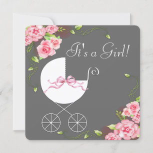 Wagen Grau Rosa Rosen Baby Shower Einladungen