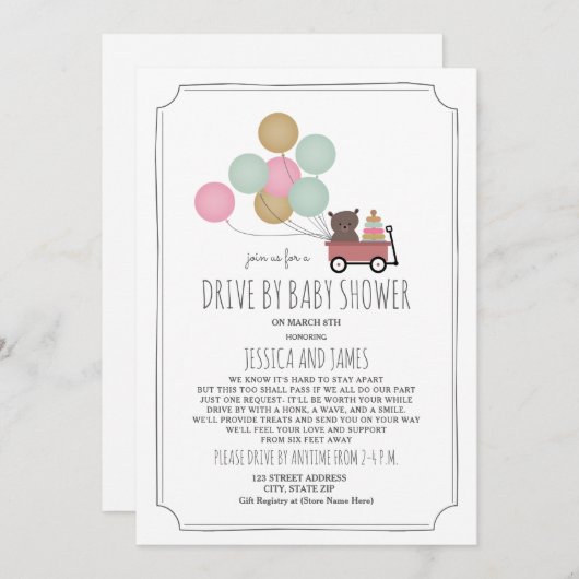 Wagenbärenballon-Antrieb durch Babyduschmädchen Einladung (Vorne/Hinten)