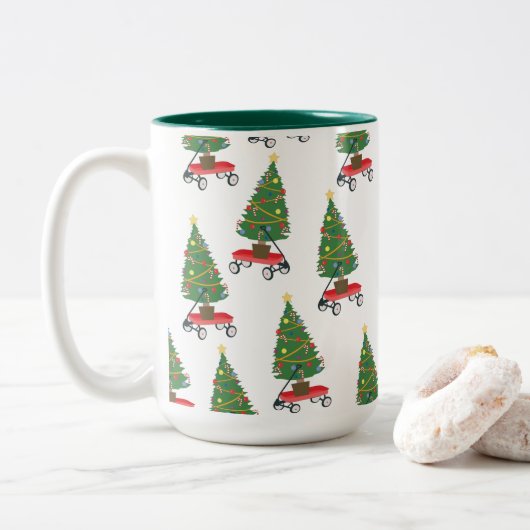 Wagon Christmas Tree Zweifarbige Tasse (Mit Donut)