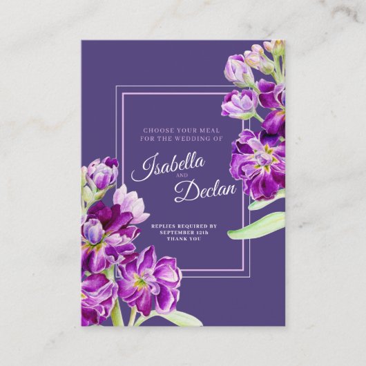 Wahl des Hochzeitsmahls für violette Blumen Begleitkarte (Vorderseite)