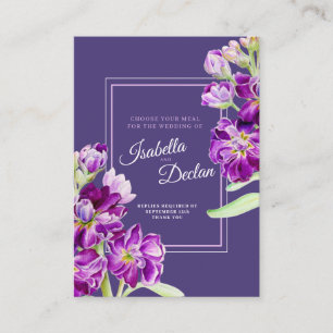 Wahl des Hochzeitsmahls für violette Blumen Begleitkarte