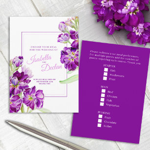Wahl des Hochzeitsmahls für violette Blumen Begleitkarte