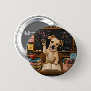 Wähl mich! Süßer Schulhund hebt die Pfote Button