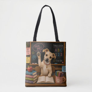 Wähl mich! Süßer Schulhund hebt die Pfote Tasche