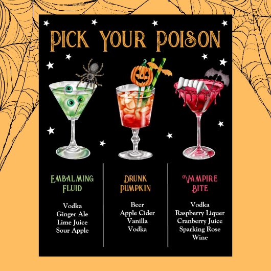 Wählen Sie Ihr Poison Halloween 3 Cocktailmenü Poster
