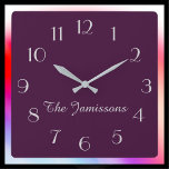 WÄHLEN SIE IHRE FARBE, Minimalistische Lila Standa Quadratische Wanduhr<br><div class="desc">WÄHLEN SIE IHRE EIGENE HINTERGRUNDFARBE, um diese personalisierte Uhr zu dekorieren. Die Standardeinstellung ist lila. Sie können die Text- und Hintergrundfarbe leicht ändern - oder meine raffinierte minimalistische Auberginen- und Graudesign behalten haben. Was für ein wunderbares Geschenk für eine Verlobung, Hochzeit, Brautparty oder neue Zuhause. Alle Rechte vorbehalten © 2014...</div>