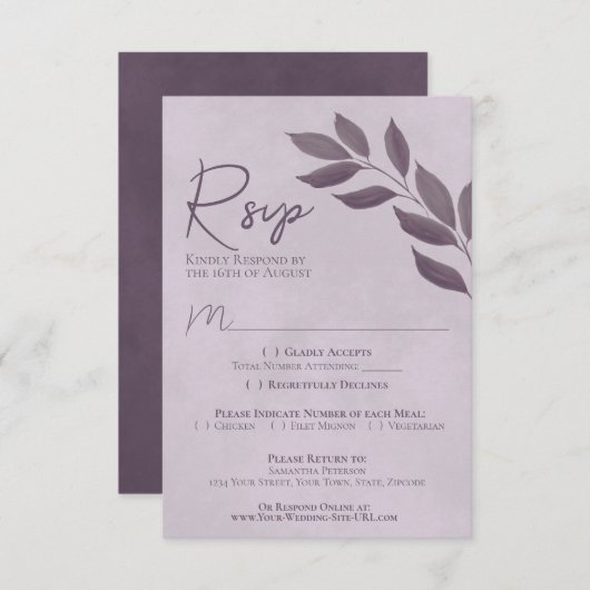 Wahre Blätter Lila Moderne schicke Hochzeit RSVP Karte (Vorne/Hinten)