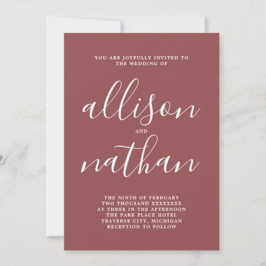 Wahre Einfachheit 1 Script Marsala Minimale Hochze Einladung (Vorderseite)