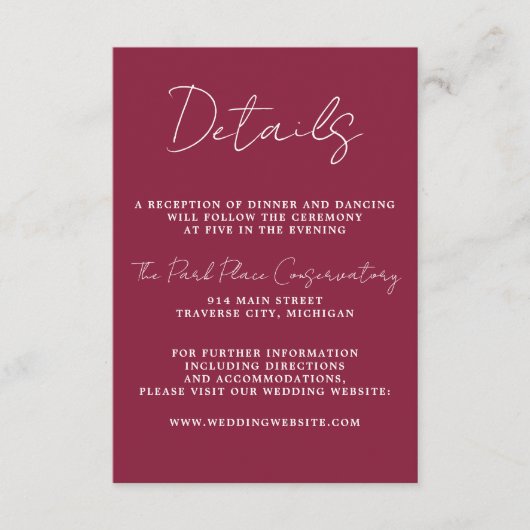 Wahre Einfachheit 3 Script Minimal Claret Wedding Begleitkarte (Vorderseite)