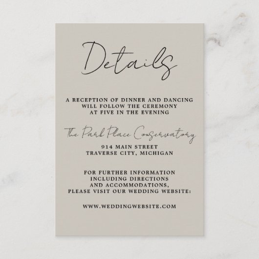 Wahre Einfachheit 3 Script Minimal Oyster Hochzeit Begleitkarte (Vorderseite)