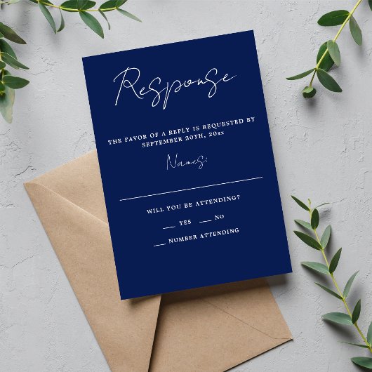Wahre Einfachheit 3 Script Minimal Tinte Blue Wedd RSVP Karte