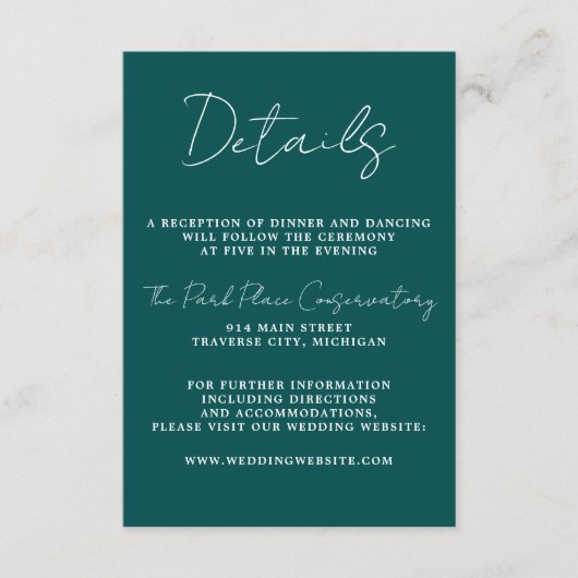 Wahre Einfachheit 3 Script Minimale Pfauenhochzeit Begleitkarte (Vorderseite)