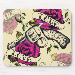 Wahre Liebe-Pistolen- und Rosengrafik, Rosa u. Mousepad