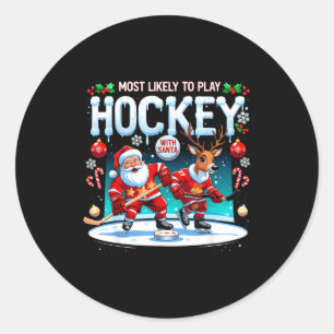 Wahrscheinlich spielt Hockey mit Santa Weihnachten Runder Aufkleber