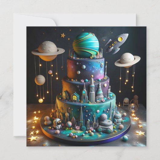 WÄHRUNGSPLÄNE UND ROCKETS KINDERGEBURTSTAG CAKE KARTE (Vorderseite)