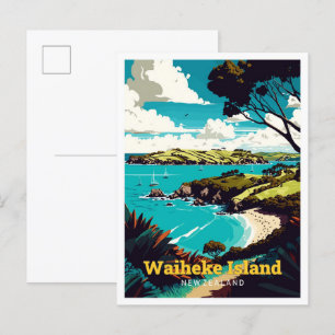 Waiheke Island NZ Reise Kunst Vintage Illustration Postkarte