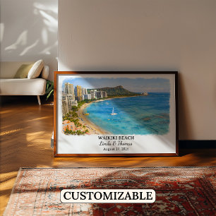 Waikiki Beach Hawaii Poster, Aquarell, Honolulu Poster