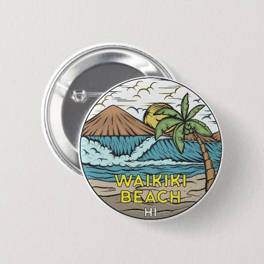 Waikiki Beach Hawaii Vintag Button (Vorne & Hinten)