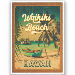 Waikiki Beach Hawaii Vintage Palmen Bäume Souvenir Aufkleber