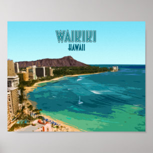 Waikiki Beach Honolulu Oahu Hawaii Vintag Poster