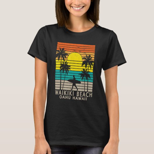 Waikiki Beach Oahu Hawaii Surfer Palm Tree Surfing T-Shirt (Vorderseite)
