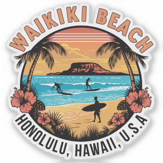 Waikiki Beach Retro Vignette Car Decal Aufkleber (Vorderseite)