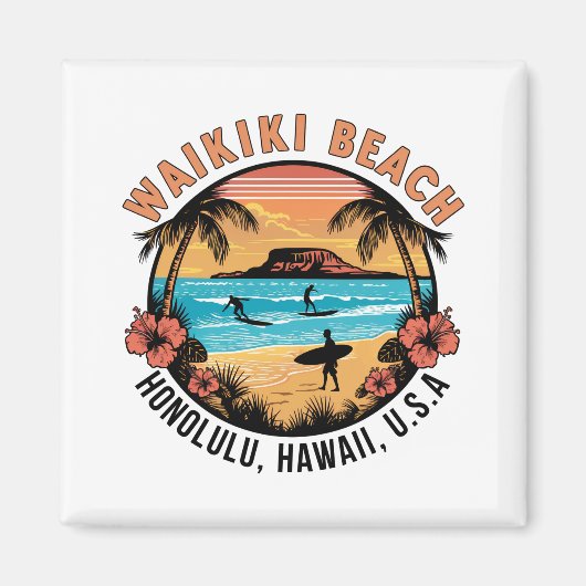 Waikiki Beach Retro Vignette Magnet (Vorne)
