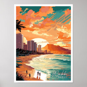 Waikiki Hawaii Art Vintage Reise Illustration Poster