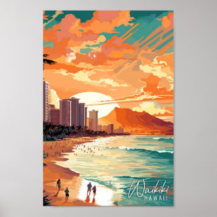Waikiki Hawaii Art Vintage Reise Illustration Poster