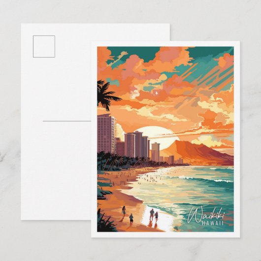 Waikiki Hawaii Art Vintage Reise Illustration Postkarte (Vorne/Hinten)