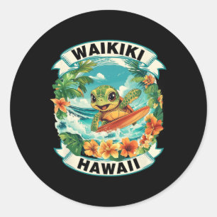 Waikiki Hawaii Süße Meeresschildkröte Surft Sommer Runder Aufkleber