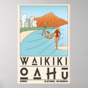 Waikīkī-Strand Druck Surf- und Küstenlandschaft Poster