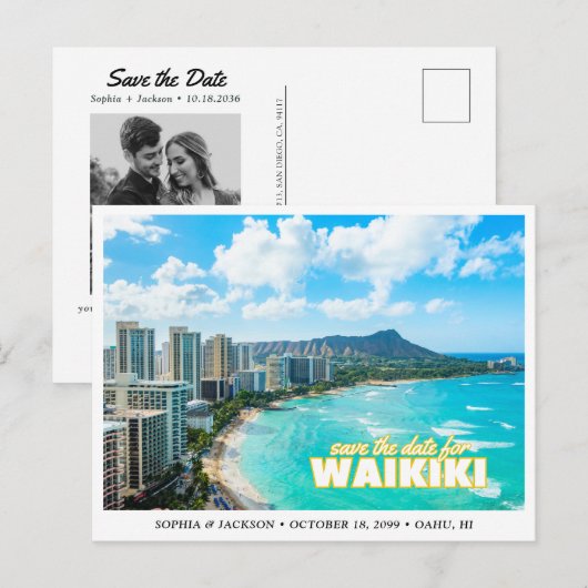 Waikiki Wedding Save the Date Skyline Postcard Postkarte (Vorne/Hinten)