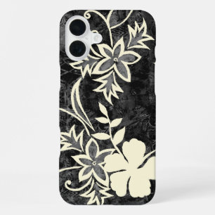 Waimanalo Hawaiianischer Hibiskus Batik Schwarz iPhone 16 Plus Hülle