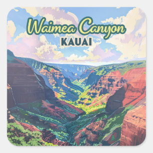 Waimea Canyon Kauai Hawaii Landscape Retro Quadratischer Aufkleber